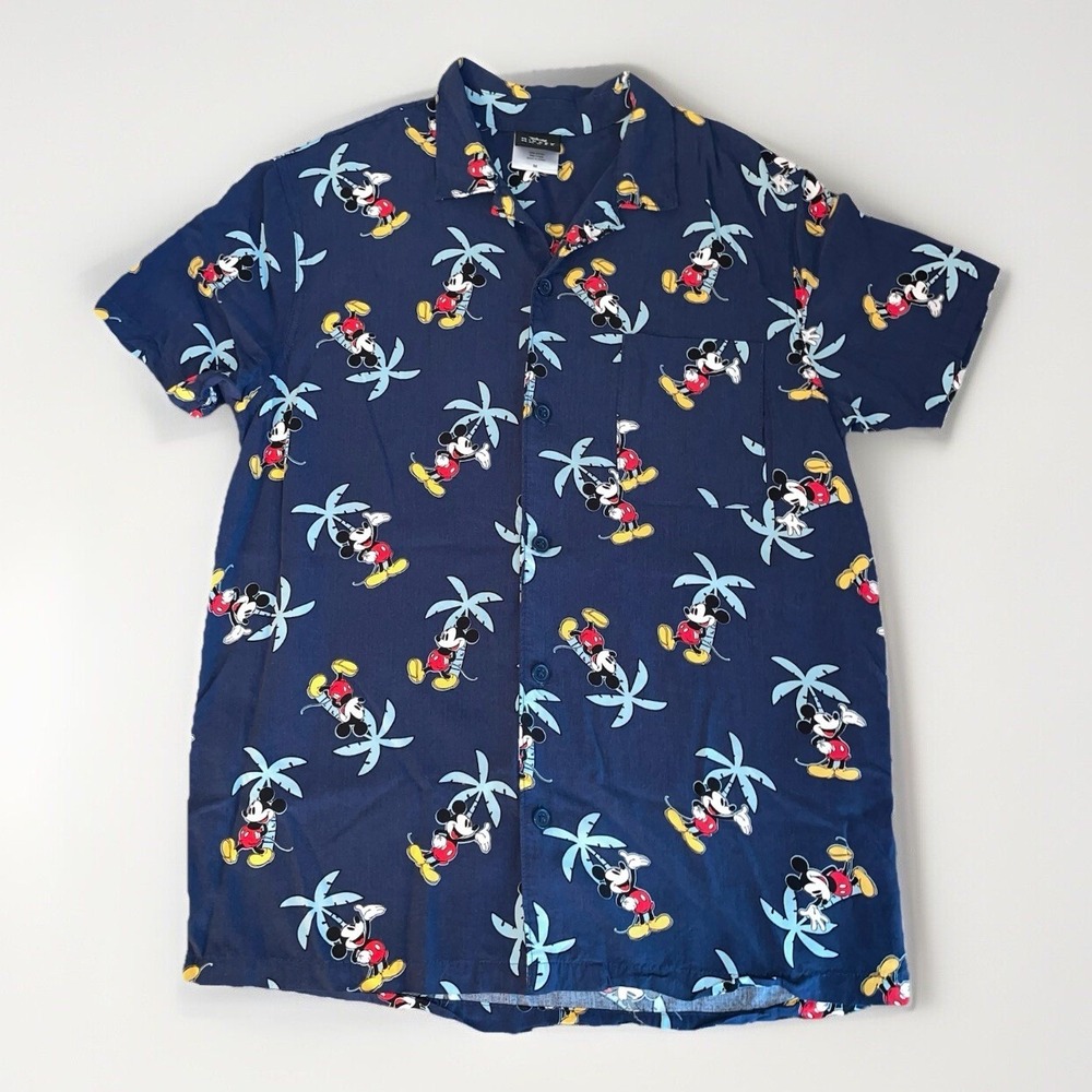 Disney's Mickey‎ Mouse Print Tropical Hawaiian Button Down Rayon Shirt Size: M